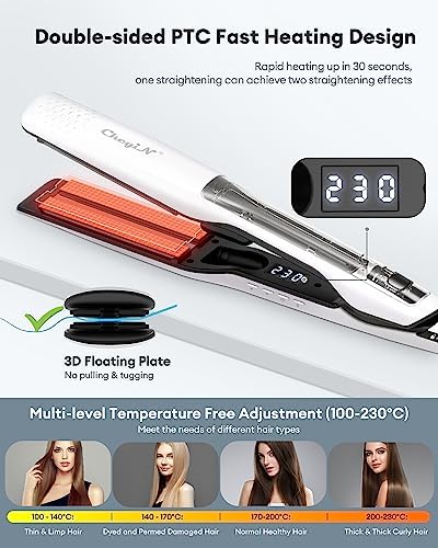 CkeyiN Steam Hair Straighteners, 1.6 inch Professional Ceramic Wide Plate Flat Iron with LCD Display Adjustable Temperature, Fast Heating Dual Voltage