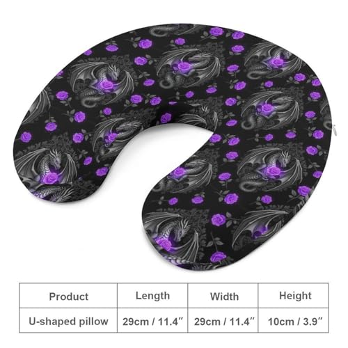 Image of Pain Relief Travel Neck Pillow Cool Dragon Purple Floral Rose Black, Memory Foam U Shaped Support, Breathable Zip Cover for Airplane Car Office Men Women