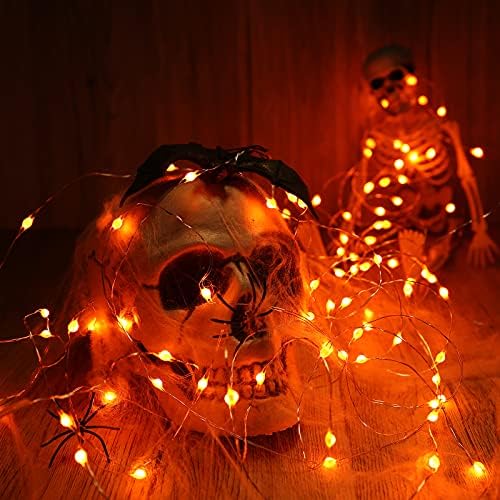 Joomer 2 Pack Halloween Twinkle Fairy Lights, 50 LED 8 Modes Battery Operated Upgraded Oversize Beads Waterproof Silver Wire String Lights for Halloween Decoration, Costume, Party (Orange)