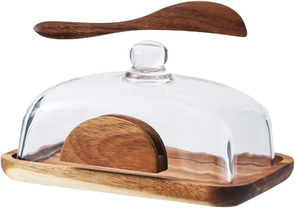Wooden Butter Dish with Lid, Glass Cover Cheese Storage Container for Countertop Snacks Desserts Organizer Kitchen Decor, 7.08X5.11X3.74 Inch