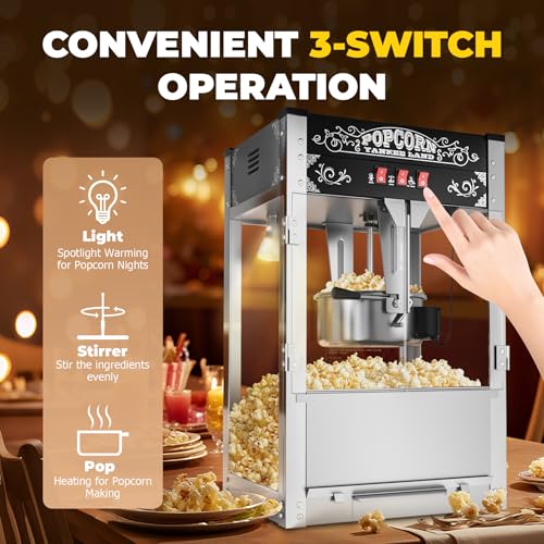 Image of 20 Oz Commercial Popcorn Machine, Movie Theater Popcorn Machine, Black Tabletop Pop corn Machine with 3-Switch Control & Steel Frame Tempered Glass Doors