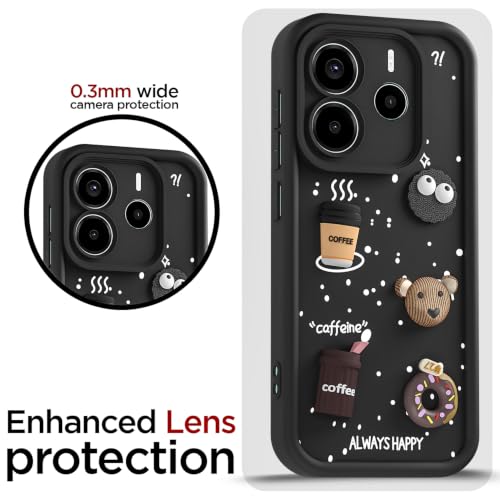 Image of Pikkme Back Cover for Redmi Note 14 5G | 3D Bear Silicone Cute & Fun Coffee Cartoon | Full Body Protection Bumper Case (Black)