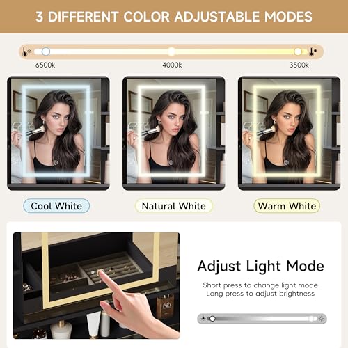 Image of HUANLEGO Vanity Desk with Mirror and Lights, Black Vanity with Lighted Mirror and RGB Cabinet & Jewelry Organizers, Makeup Vanity Desk with Lights, Glass Top Dressing Table for Girls Bedroom