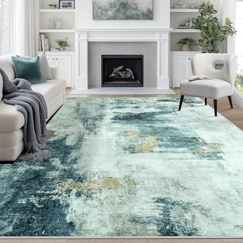 8x10 Area Rugs for Living Room Rug Washable: Abstract Large Rug for Dining Room Bedroom Carpet Non Slip 8 by 10 Indoor Modern Nursery Home Office Teal Grey Gold