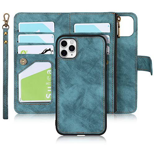Jaorty Wallet Case Compatible with iPhone 11 Pro Max,[6 Card Slots] [Wrist Strap] [Stand Feature] Detachable 2 in 1 Magnetic Zipper Leather Slim Cover Case for iPhone 11 Pro Max,6.5 inch Blue