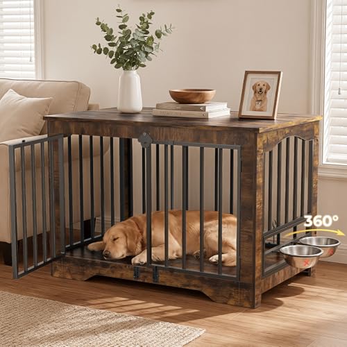 Furlodge Dog Crate Furniture 38in Wooden Indoor Pet Kennel End Table with 360 Degree Rotating Feeder Door Secure Double Latches and Solid Base for Medium Dogs Rustic Brown