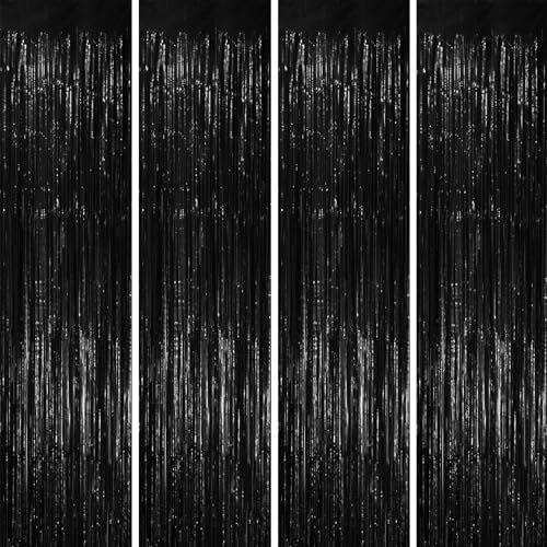 Image of Voircoloria 4 Pack Black Foil Fringe Backdrop Curtains, Tinsel Streamers Birthday Party Decorations, Fringe Backdrop for Graduation, Baby Shower, Gender Reveal, Disco Party