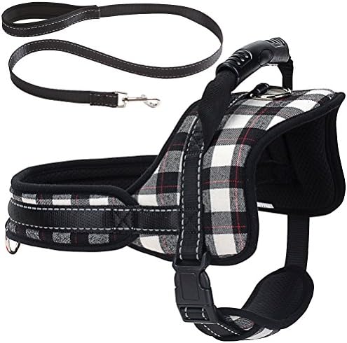 Mihachi Dog Harness with Leash with Handle No Pull No Chock Adjustable Padded Vest Harness for Dogs,Plaid Black & White,XL