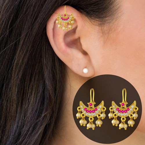Image of VAMA FASHIONS 18K Gold Plated Anti Tarnish Half Moon Peacock Shape Traditional Maharashtrian Press on Bugadi Upper Ear Clip on Earrings For Women & Girls