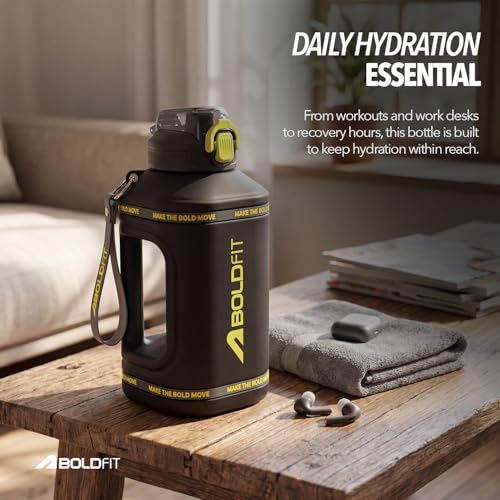 Image of Boldfit 1500ml Gallon Water Bottle for Gym- Motivational Sipper with Level Markings, Leakproof Sports Bottle with Easy Carry Handle for Men & Women, Black- 1.5L