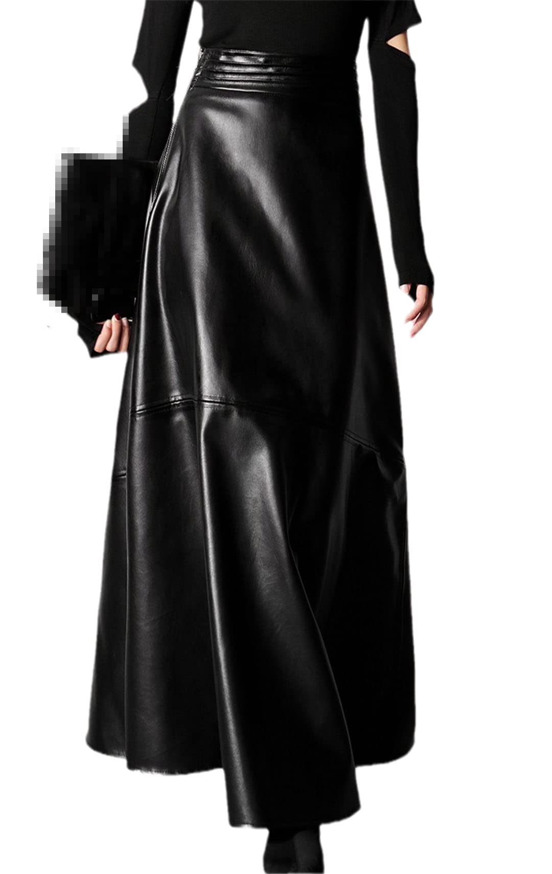 Falda Larga de Cuero sintético con Cintura Alta para Mujer, Estilo Retro, Ajustada, de Corte en A, con Cola de pez (Negro, Talla S)