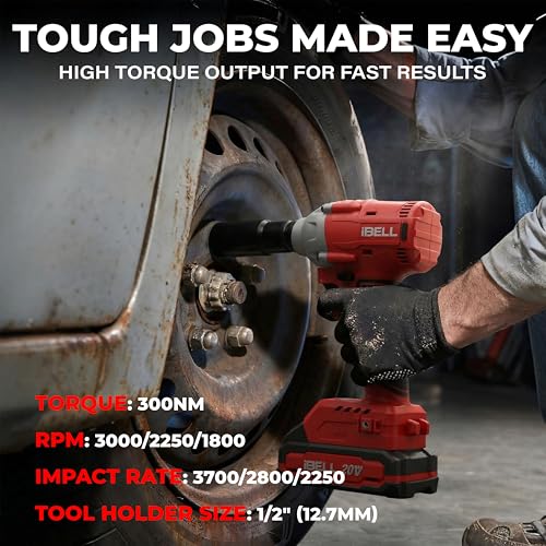 Image of IBELL BW20-32, 20V, 1 /2 inch Brushless Cordless Impact Wrench Kit, 300Nm Torque, 1800-3000 RPM, 2250-3700 IPM, 2 Batteries, Sockets, Adapters, LED Light, Charger & BMC Box-12 months warranty