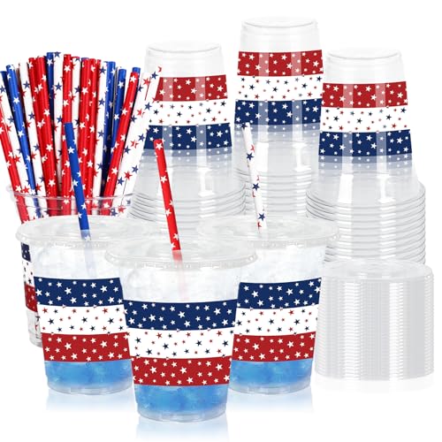 Whaline 50Pcs Patriotic Plastic Cups 250th Anniversary Disposable Cups with Lids Straws 12oz Blue White Red Star Clear Plastic Cup for 4th of July Independence Day Party Supplies
