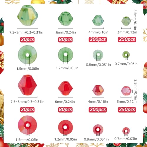 SUNNYCLUE 1 Box 1100Pcs Bicone Glass Bead Christmas Faceted Beads Bulk Assorted Transparent Crystal Red Green Xmas Winter Loose Spacer Gem Bead for Bracelets DIY jewellery Making Necklace Crafts Findi - Image 2