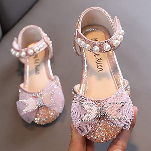 Fashion Spring and Summer Girls Sandals Party Dress Dance Show Princess Shoes Mesh Bowknot Pearl Hook Kids Slides Girls (Pink, 15-18 Months)3