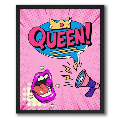 InkFlow Posters Pop Queen Poster - Bold Feminine Speech Bubble Illustration Art - Retro Pop Graphic Print - Girls Room Wall Decor - Empowering Statement Accent Gift - 8x10 Unframed Canvas Wall Art