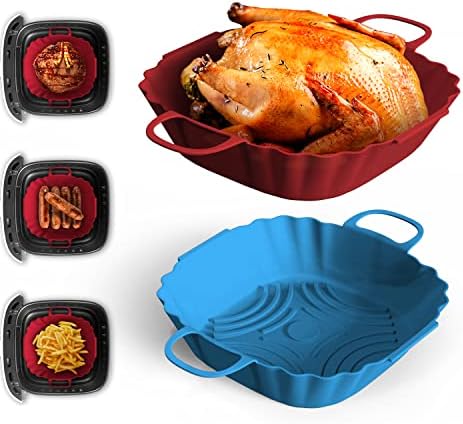 Permanent Warranty 8 Inch Silicone Air Fryer Liner 2 Pack Reusable 100% Food Grade Silicone Air Fryer Liner (Red/Blue)