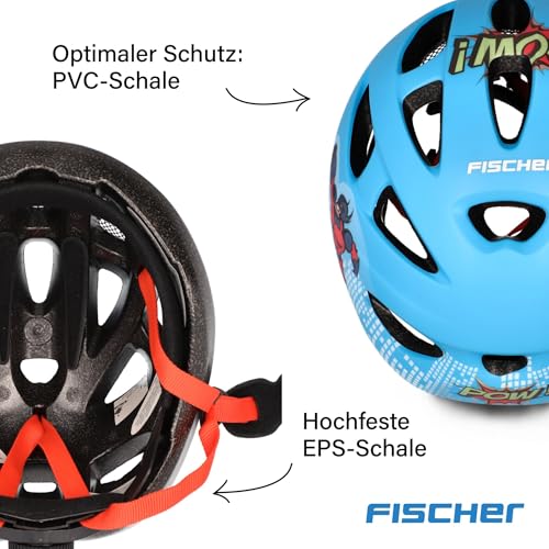 FISCHER Kinderhelm, Fahrradhelm, Jugendhelm Comic, S/M, 55-59cm, blau, hochfeste EPS-Schale, T&Uuml;V-Zertifiziert