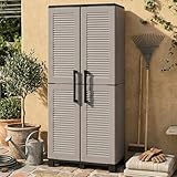 Dmora - Verviers Outdoor-Garderobe, Mehrzweck-Balkonschrank mit 2 Türen, 100% Made in Italy, 68 x 37 x 169 cm, Hellgrau und Schwarz, gestreifte Oberfläche