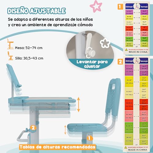 Miniatura 5 de Zonekiz Juego De Escritorio Y Silla Para Niños De 6-12 Años Pupitre Infantil Altura Y Ángulo Ajustable Con 1 Cajón Y 1 Estante Para Libros 80x49,5x82-104 Cm Azul Y Blanco