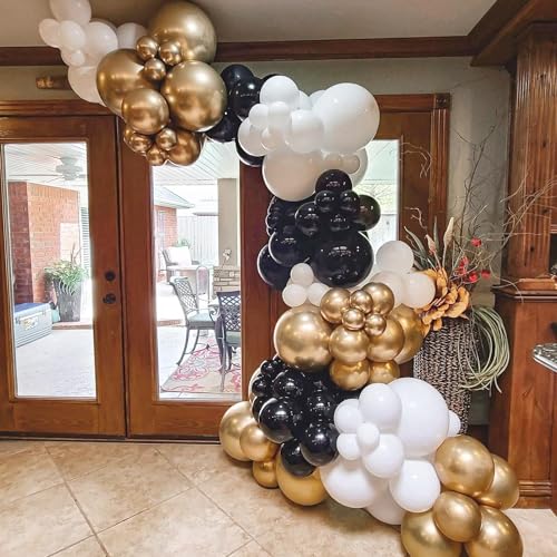 Image of Black and Gold Balloon Arch Kit, ADOINBY 140Pcs Black White Metallic Gold Confetti Latex Balloons 18 12 10 5 Inch Different Size Balloons for Birthday Anniversary Graduation Wedding Party Decorations