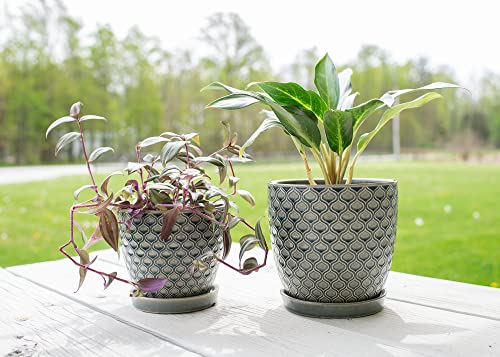 Napco Jw-72011 Stamped Lattice Design Navy Blue Ceramic Indoor Or Outdoor Garden Planter Pots, Set Of 2 #TOP5