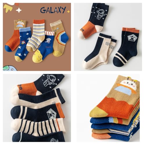 Padgene 10 Pairs Kids Boys Fun Novelty Socks Toddler None Slip Cotton Crew Dress Socks Cartoon Dinosaur Car Shark Stripes4