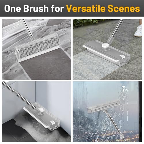 Image of 3 in 1 Floor Scrub Brush with Long Handle & Squeegee | Heavy-Duty, Adjustable, 360 Rotating Head for Cleaning Tile Bathroom Deck Kitchen Patio, Gray