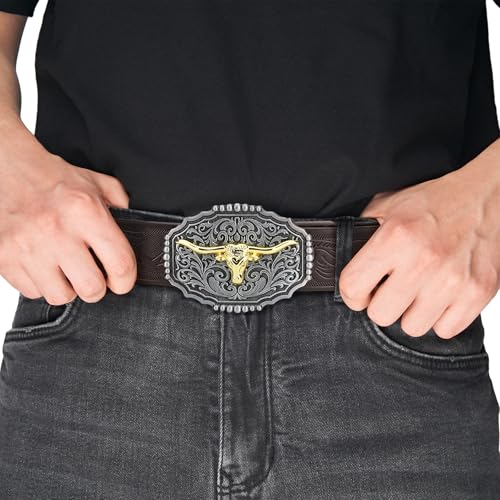 Image of Mens Western Cowboy Cowgirl Faux Leather Belt Longhorn Bull Pattern Letter Big Buckle Embossed Floral Belts