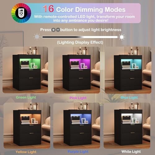 Image of Yusong Night Stand with Gun Drawer & Invisible Lock, Bedside Table, LED Nightstand with Charging Station, Modern Night Stand, Wood Sofa Couch End Side Table with 2 Pull-Out Shelf (Black 002)