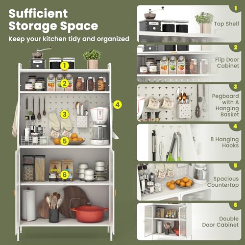 Image of Giantex Pantry Organizers and Storage, 63.5 inch H Kitchen Buffet Cabinet with Hutch, Pegboard, 8 Hooks & 1 Hanging Storage Box, Standing Bakers Rack with Flip-up PC Doors, Tool-Free Assembly (White)