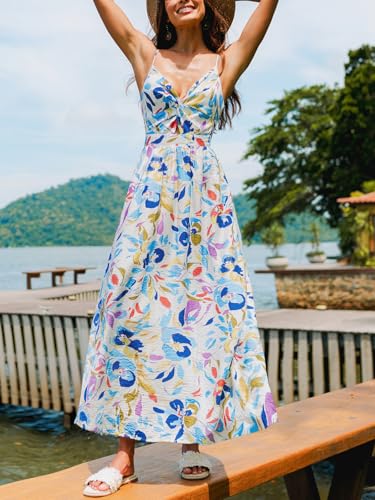 Image of CUPSHE Summer Dress for Women V Neck Sleeveless Floral Cutout Smocked Ruffled Maxi Formal Beach Dress