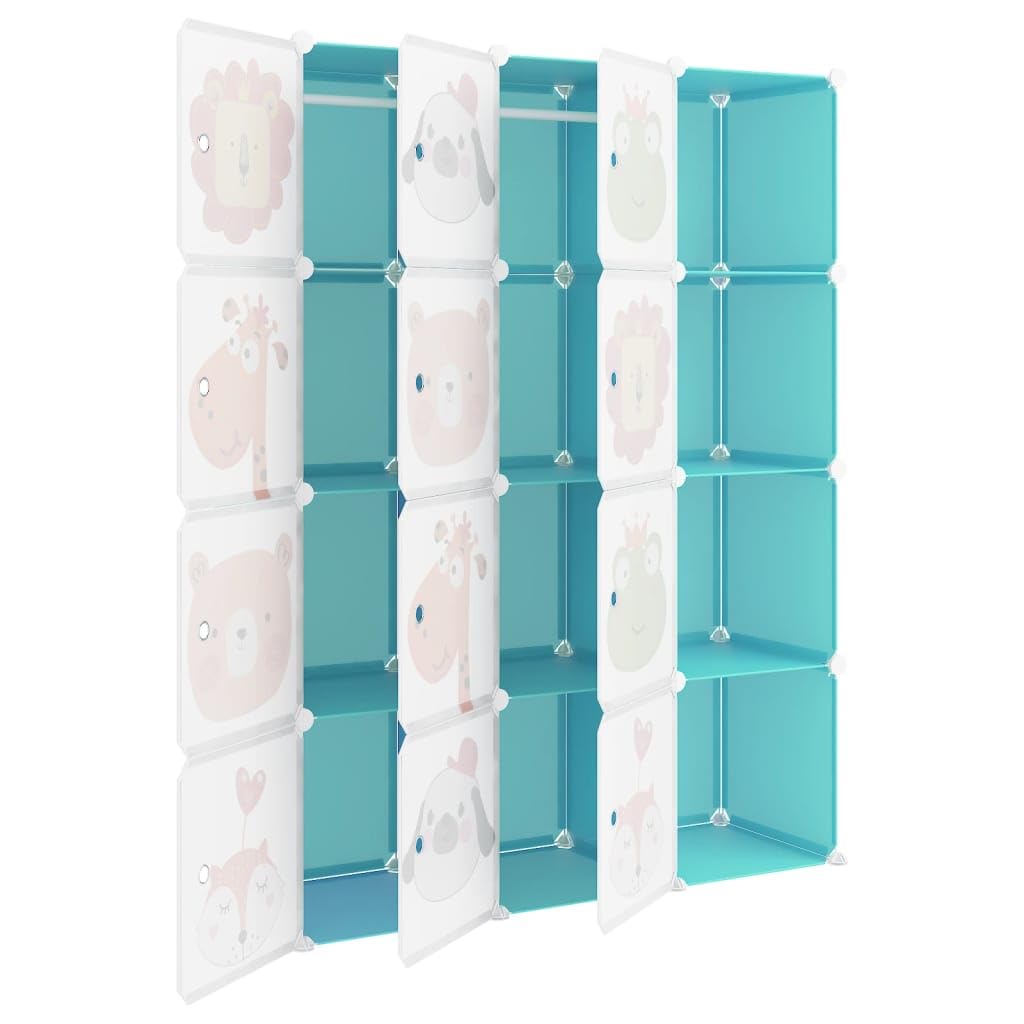 Kinderschrank Modular mit 12 Würfeln Grün PP, stabiles Regal mit Stahlrahmen, platzsparend und stapelbar, inklusive Türen und Holzhammer, ideal zum Verstauen und Ordnen im Kinderzimmer