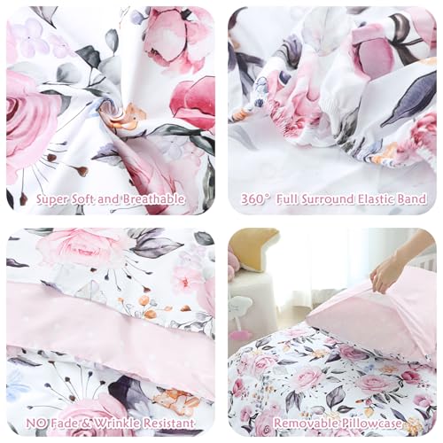 Image of Pea Pod Toddler Bedding Set for Girls, 4 Piece Soft & Breathable Floral Crib Bedding Set, Bed-in-A-Bag Toddler Microfiber Sheet Set, Includes Comforter, Flat Sheet, Fitted Sheet, Pillowcase, Pink