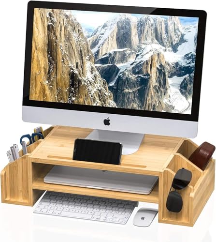 Image of VBM Monitor Riser Stand Bamboo Computer Laptop, Printer, PC with Storage Slot Adjustable Desktop Stand For Home , Office (wooden monitor stand)