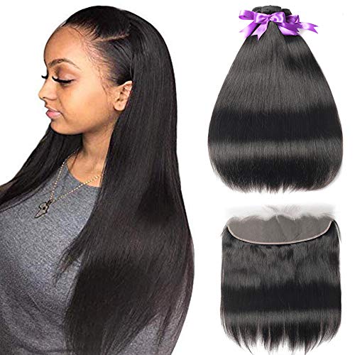 Beaudiva Hair Straight Hair Bundles with Frontal(12 14 16+12inch) 3 Bundles with Ear to Ear 13×4 Lace Frontal Unprocessed 8A Brazilian Straight Virgin Human Hair Extensions Natural Color