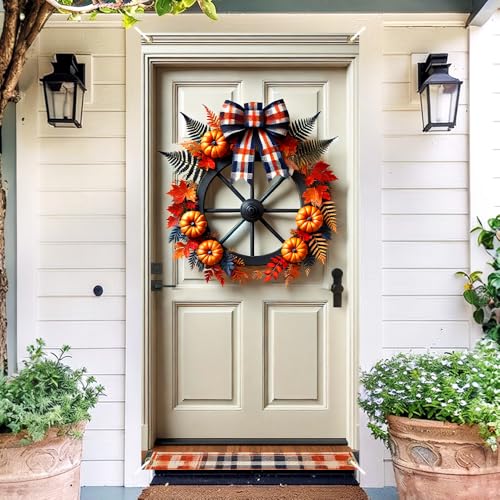 Image of Fall Wagon Wheel Door Cover 35x71in Pumpkin Maple Plaid