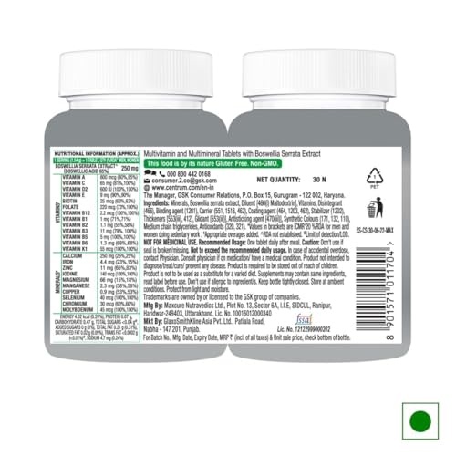 Image of Centrum Adult 50+, World's No.1 Multivitamin with Calcium, Vitamin D3 & 21 other Nutrients for Overall Health, Strong Joints & Heart Health (Veg) 30 Tablets (Pack of 2)