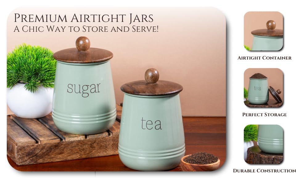 Image of Metallure Home Stylish Airtight Container Set | Sugar Tea Coffee Container Set of 3 | Metal and Wood Lid Canister for Kitchen Storage | Food-Safe Jar Set for Kitchen (Green)