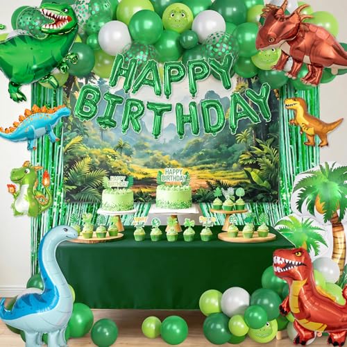 Image of Ouddy Life Dinosaur Balloons Birthday Party Decorations Fringe Curtain | 123Pcs Lime Green White Happy Birthday Dino Foil Balloons Garland Arch Kit for Boys Dino Jungle Safari Baby Shower Supplies