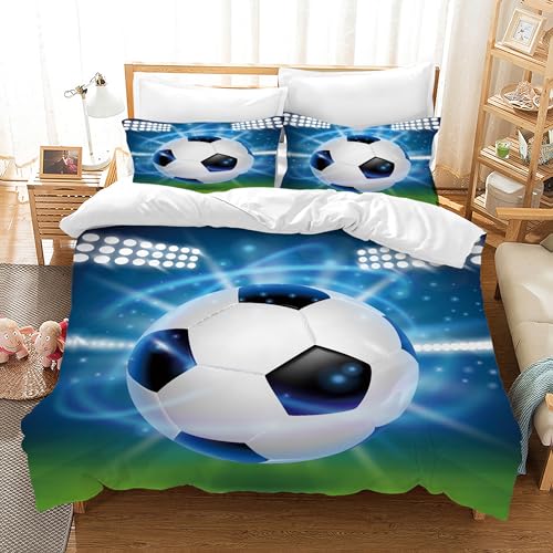 Housse de Couette Football Parure de Lit Sport Football Motif pour Enfant 1/2 Personne,Housses de Couettes Microfibre avec Fermeture Éclair et 2 Taies...