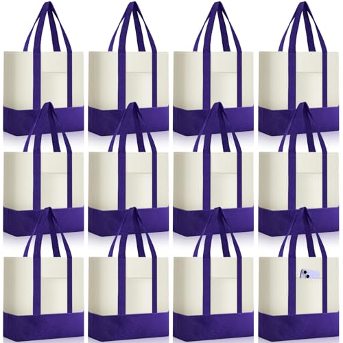 Sanwuta 12 Pcs Mini Canvas Tote Bags Bulk with Pocket, Purple
