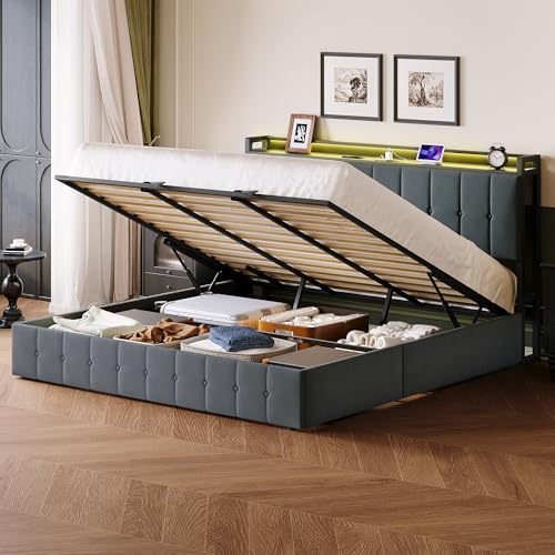 Garvee King Size Lift Up Storage Bed with LED Lights, Upholstered Velvet Bed Frame with Storage Headboard & Charging Station, Metal Platform Bed, No B