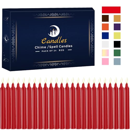 Kunrsug 24 Pack Red Spell Chime Candles Premium Mini Unscented Taper Candles for Rituals Prayer Birthdays Meditation Altar Spells Chime Candles - 4 Inch Tall - Ideal for Witches