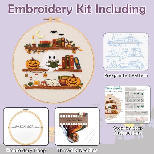 Image of Nuberlic Halloween Ghost Reading Embroidery Kit for Beginners | Easy Spooky Bookshelf Design, Cross Stitch, Complete Starter Kit with Hoop, Pre-Printed Fabric, Threads & Needles