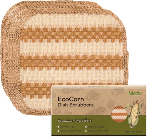 Image of Modu 10 Pcs EcoCorn Dish Sponges Scrubbers - 100% Corn Fiber, Biodegradable Dishwashing Scrub Pads for Multipurpose Household Cleaning, Odor-Free, Plastic-Free Kitchen Mesh Net (Heavy Duty 10 Count)