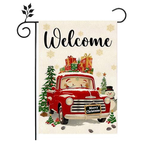 Christmas Truck Small Decorative Garden Flag 12x18 Inch Double Sided Outside Farmhouse Yard Lawn Outside Decor Winter Holiday Burlap Outdoor Home Decoration Flag