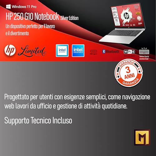 Image of HP 250 G10 Laptop Notebook, Ram 16GB, SSD 256Gb, FullHD Display 15.6 inch, Intel N100 4Core CPU up to 3.4 GHz, Backlit Keyboard, Win 11 Pro, 3 Year Warranty, Ready to Use, Italy