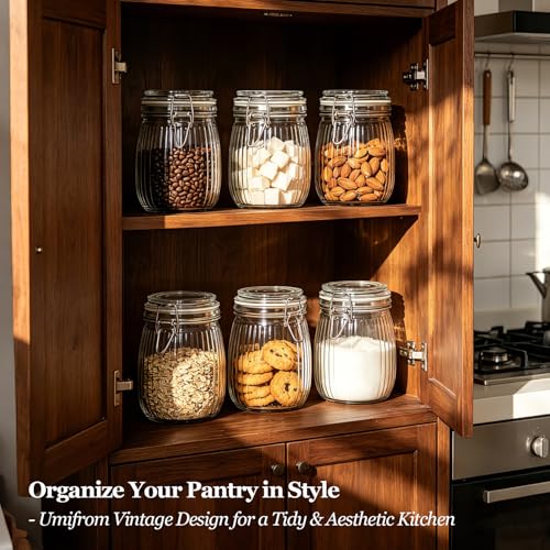 Image of ComSaf Ribbed Glass Mason Jars with Airtight Lids 25oz 6 Pack Sourdough | BPA-free food-grade glass, ribbed texture, wide mouth, flour & sugar, baking staples, sourdough starter, pantry canisters