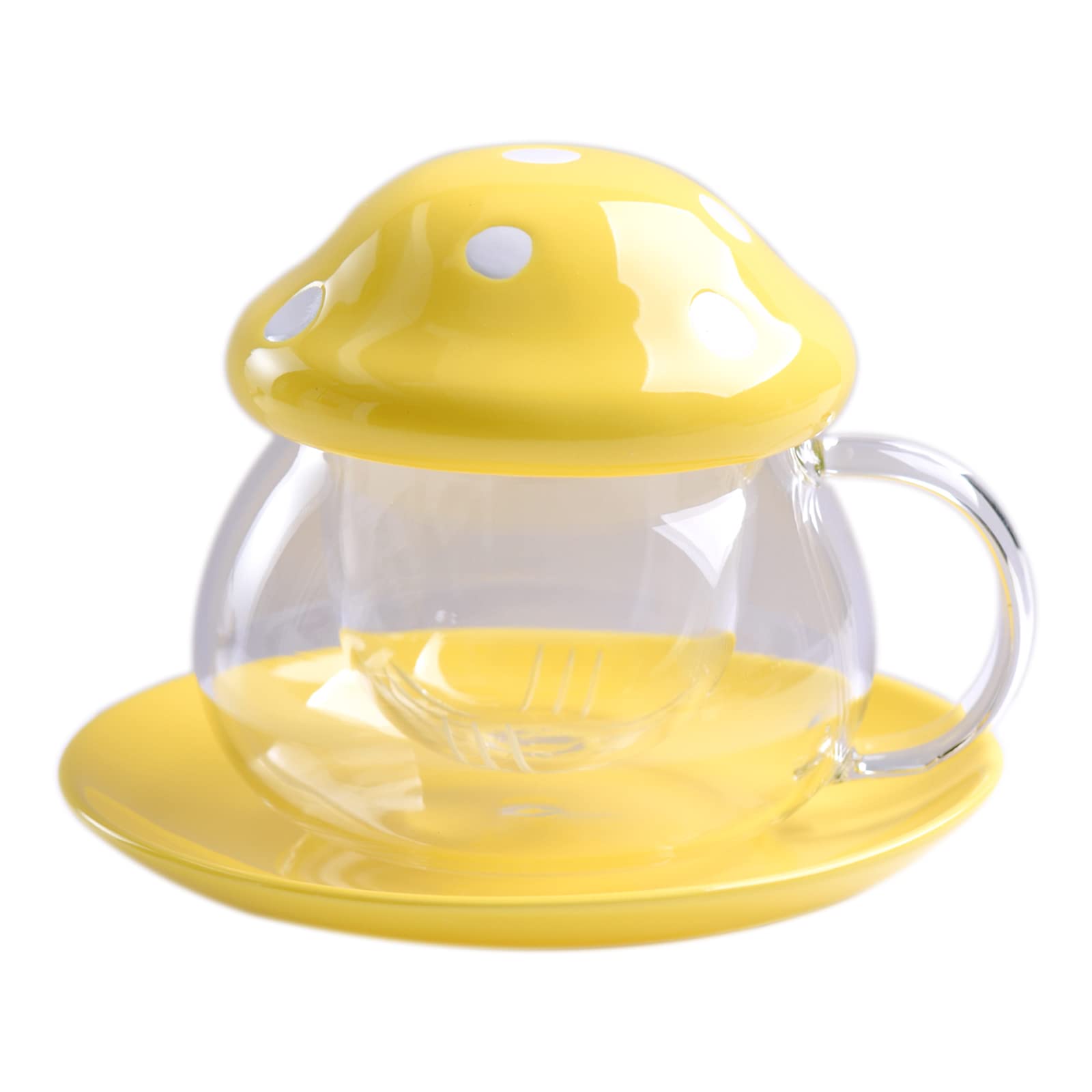 Sngtmug Mushroom Tea Mug, Cute Glass Cup with Filter Lid Coaster, 9.6 Ounces Yellow